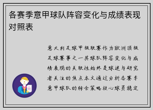 各赛季意甲球队阵容变化与成绩表现对照表
