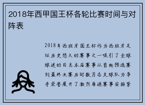2018年西甲国王杯各轮比赛时间与对阵表