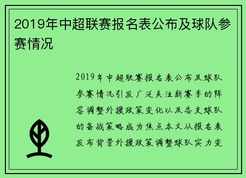 2019年中超联赛报名表公布及球队参赛情况